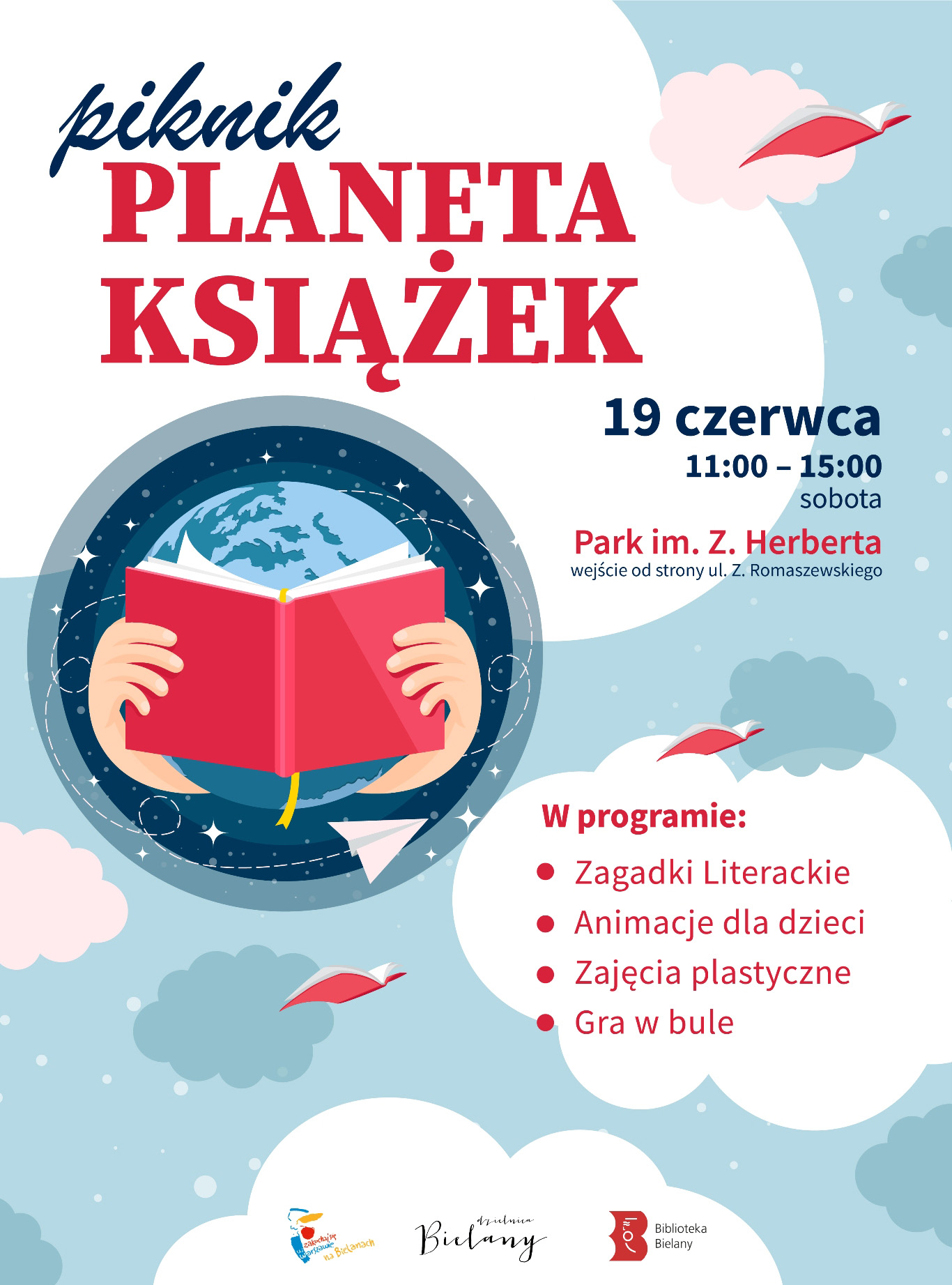Plakat pikniku bibliotecznego planeta książek 